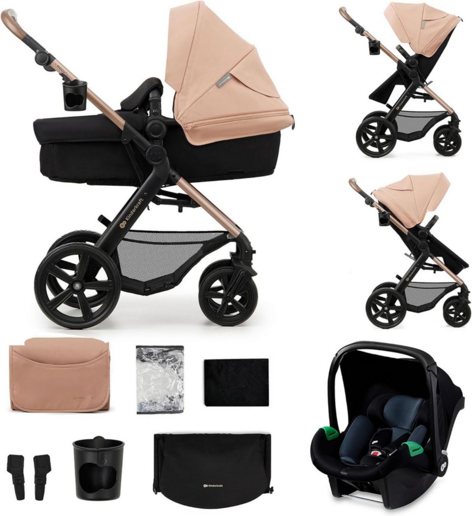 Poussette 3-en-1 Kinderkraft MOOV2, système de voyage de la naissance à 27 kg, siège auto Mink PRO I-Size inclus, pare-soleil extensible avec filtre UPF50+, accessoires pratiques, gris