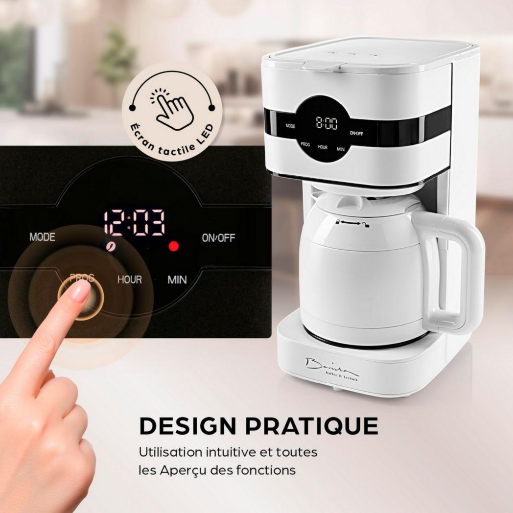 Cafetière filtre Barista avec verseuse isotherme de 1 L pour 12 tasses de café, machine à café à grains avec moulin et affichage numérique, fonction minuterie