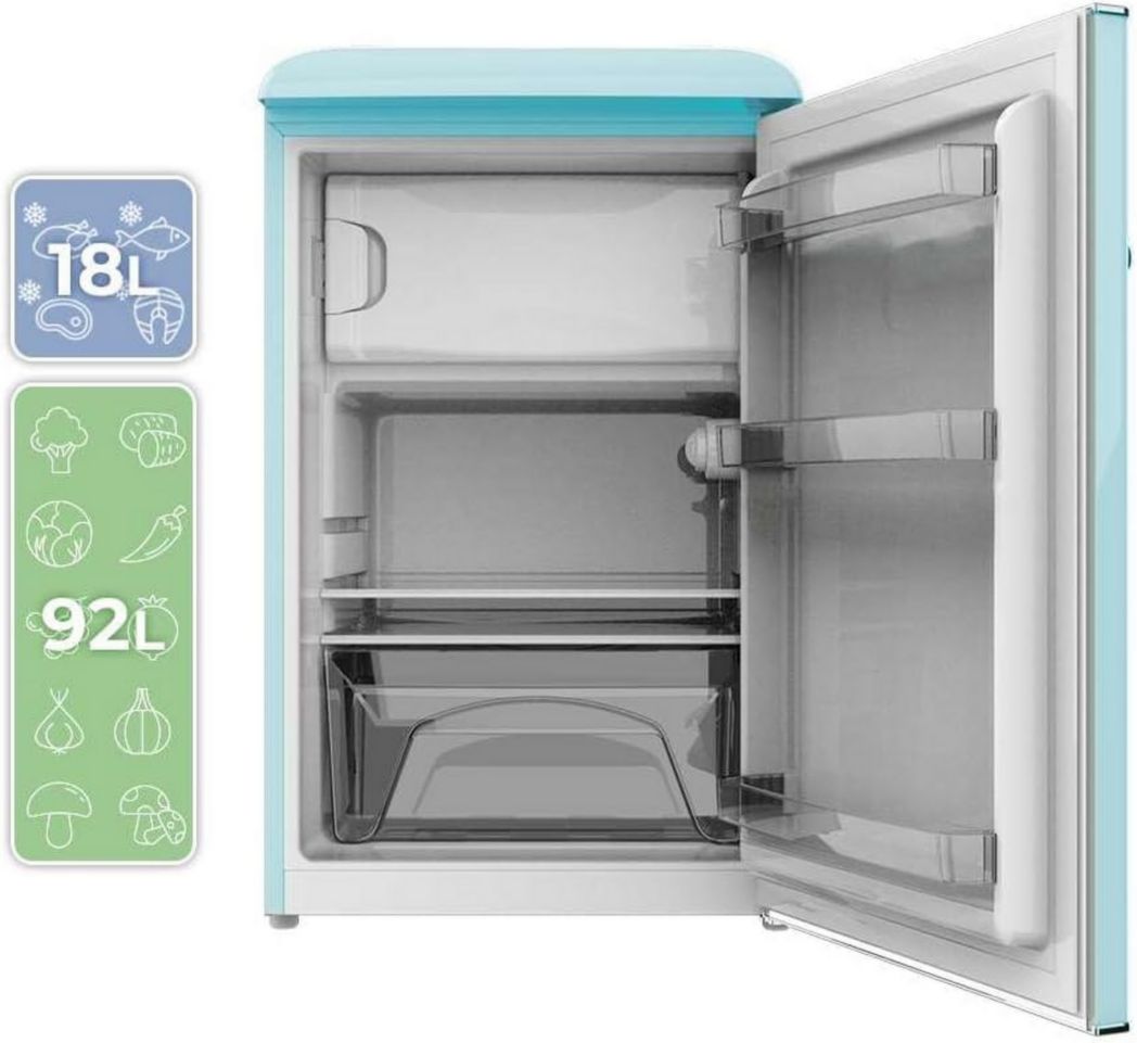 Mini-réfrigérateur Cecotec Bolero CoolMarket TT Origin 45 Rouge. Réfrigérateur de table rétro 45 L, 55 cm de haut, 44,7 cm de large, classe énergétique E, bac à glaçons et poignée chromée, rouge.