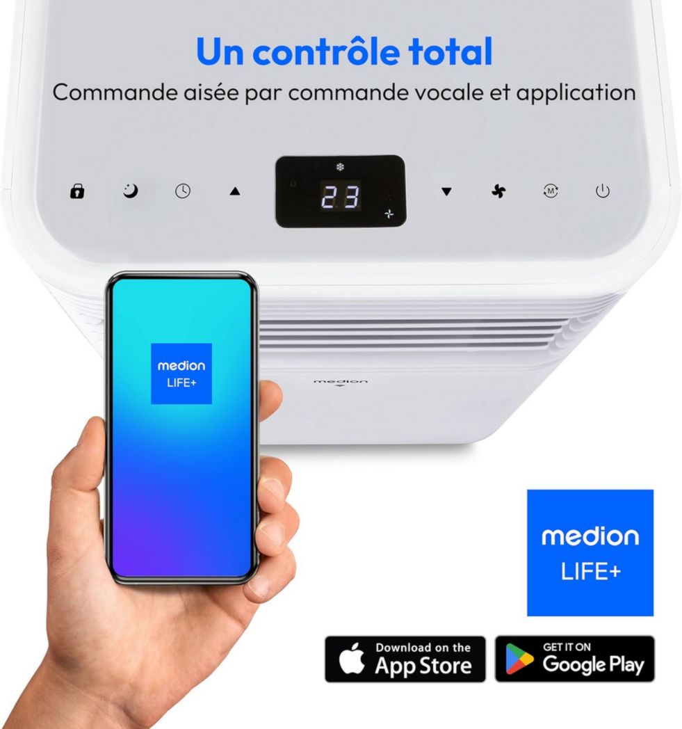 Climatiseur mobile intelligent MEDION P1002 (10 000 BTU, 3 en 1, refroidissement, déshumidification, ventilation, jusqu'à 34 m², kit de joint de fenêtre, mode veille, contrôle Wi-Fi, télécommande, écran, MD 37733)