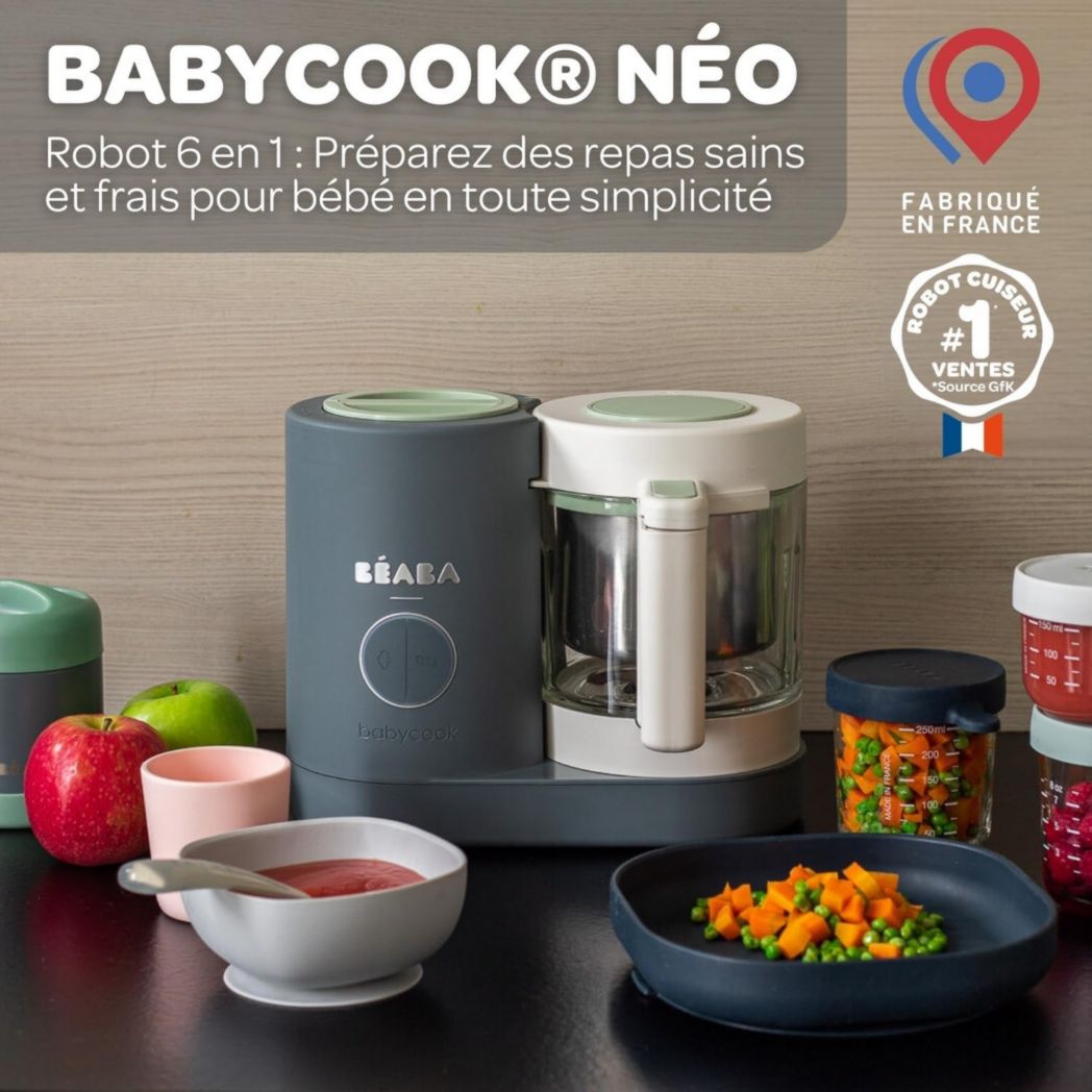 BÉABA, Babycook Néo, Mixeur et Cuiseur Vapeur 6 en 1, Robot Cuiseur Bébé Fabriqué en France, Bol en Verre, Cuve en Inox, Grande Capacité, Diversification des Aliments, Petits Pots Bébé Maison, Rapide, Eucalyptus