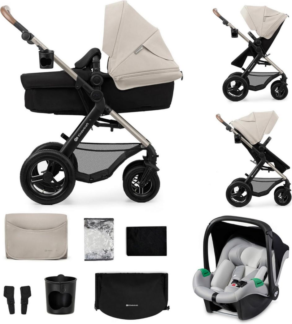 Poussette 3-en-1 Kinderkraft MOOV2, système de voyage de la naissance à 27 kg, siège auto Mink PRO I-Size inclus, pare-soleil extensible avec filtre UPF50+, accessoires pratiques, gris