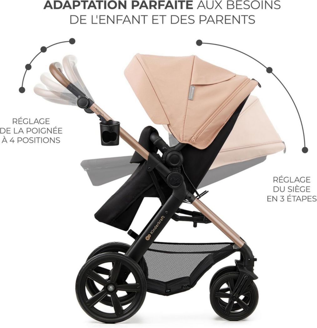 Poussette 3-en-1 Kinderkraft MOOV2, système de voyage de la naissance à 27 kg, siège auto Mink PRO I-Size inclus, pare-soleil extensible avec filtre UPF50+, accessoires pratiques, gris