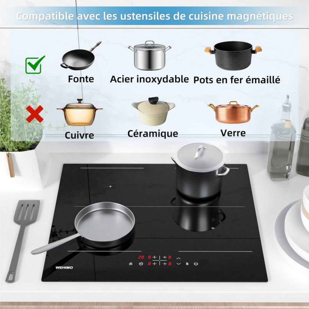 Plaque de cuisson vitrocéramique encastrable 4 feux, WEHIMO 6000W - 59cm - Minuterie, 9 niveaux de puissance, commande tactile, sécurité enfant...