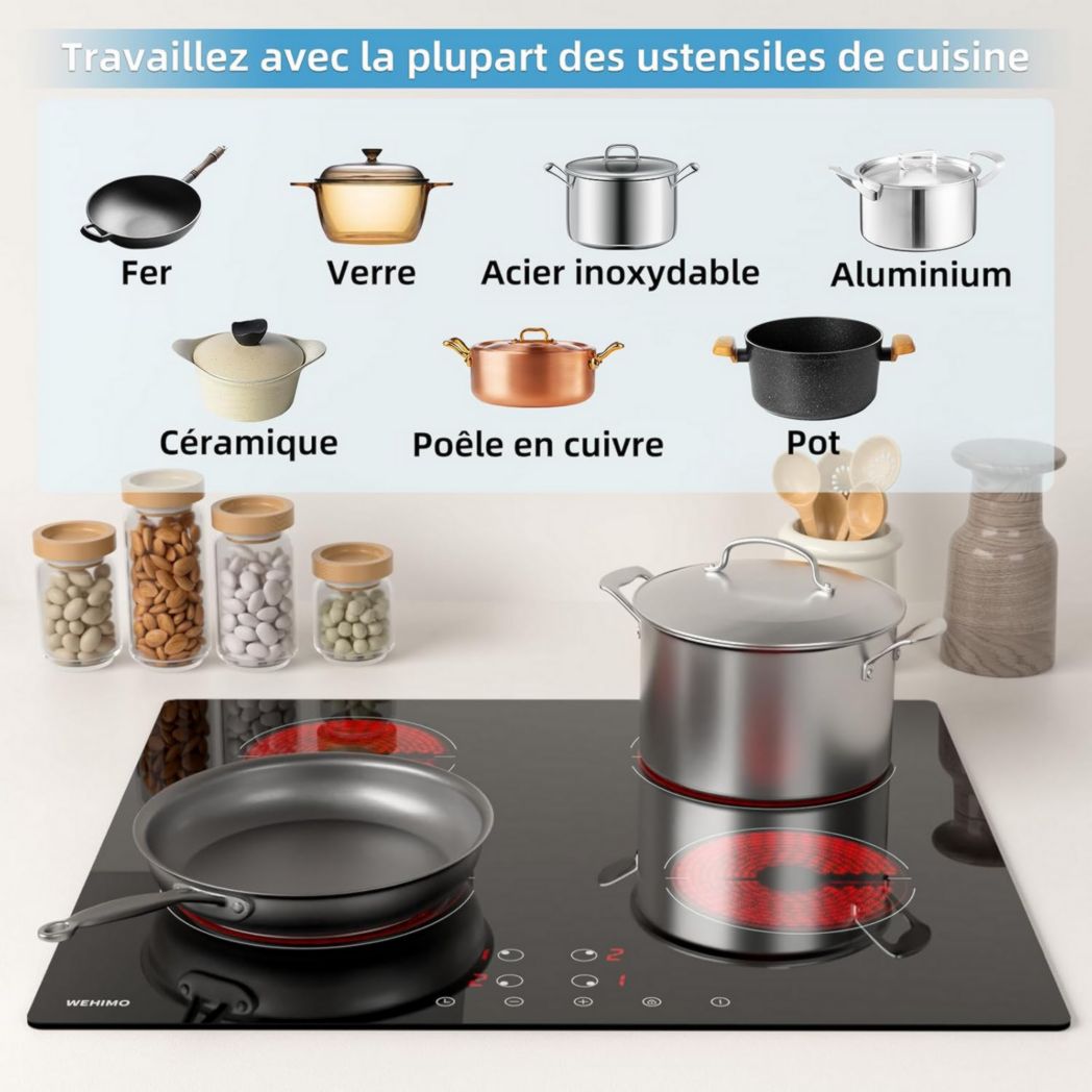 Plaque de cuisson vitrocéramique encastrable 4 feux, WEHIMO 6000W - 59cm - Minuterie, 9 niveaux de puissance, commande tactile, sécurité enfant...
