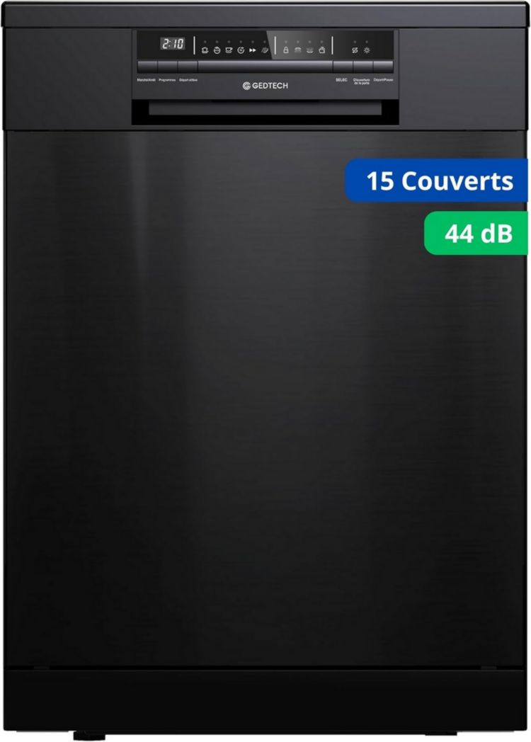 Lave-vaisselle GEDTECH GLV1542DX 15 ch - Tiroir à couverts - 42 dB - Ultra silencieux - Départ différé - Éco - Intensif - Rapide - Faible consommation - Classe C - Inox foncé - Protection enfant