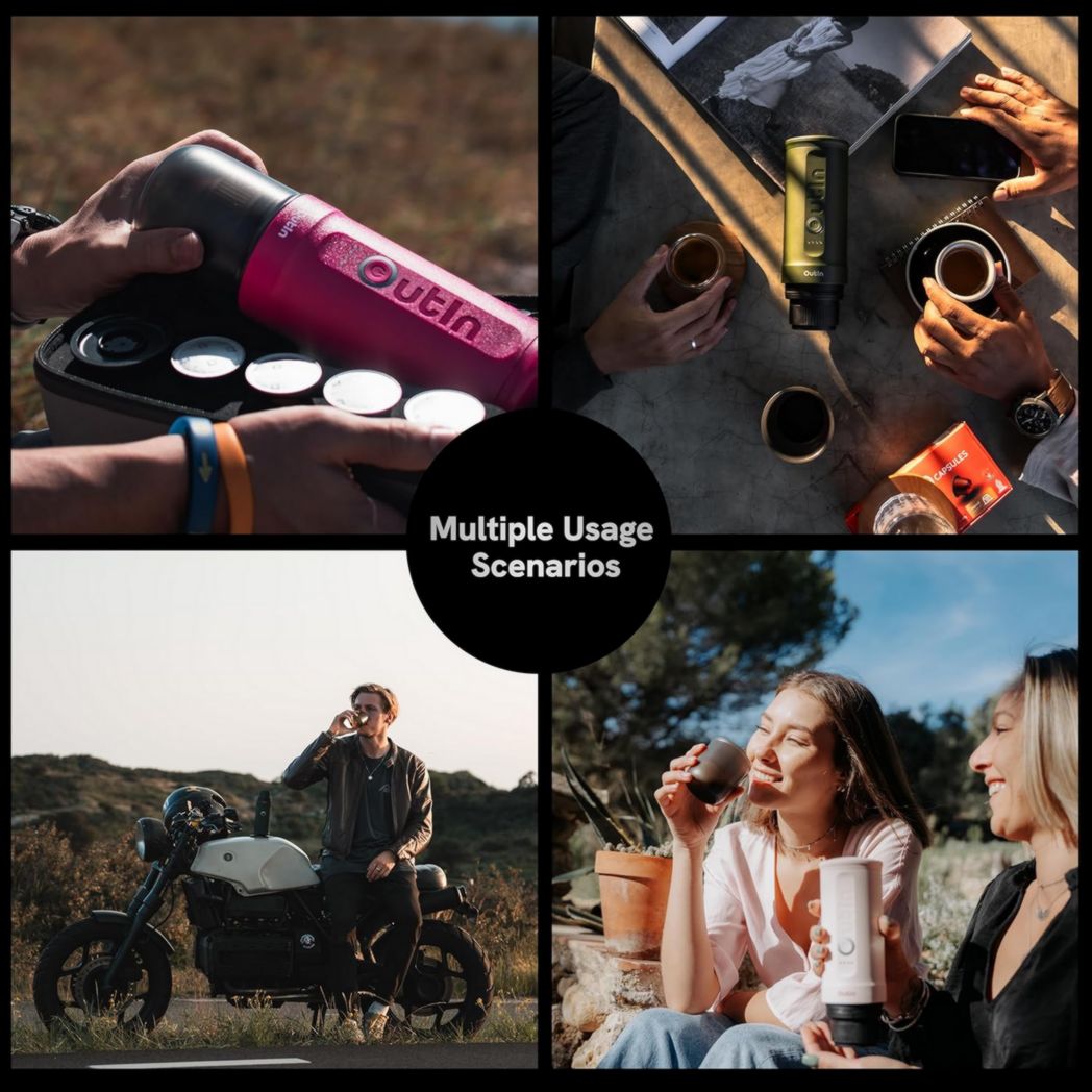 OutIn Nano Mini Machine à expresso portable à piles avec auto-chauffage en 3-4 minutes, petite cafetière de voiture 20 bars 12 V 24 V avec étui de transport, capsules NS (bleu sarcelle)