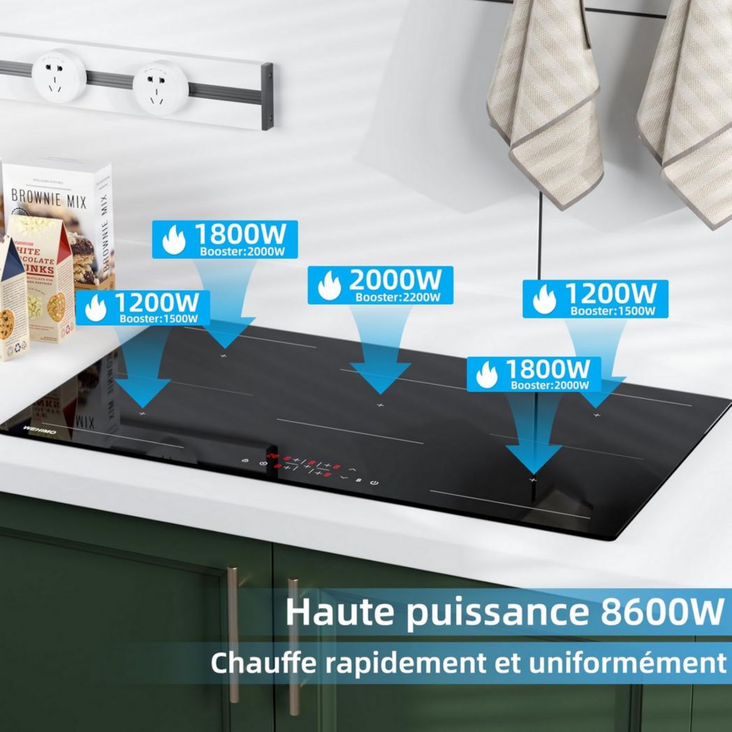 Plaque de cuisson vitrocéramique encastrable 4 feux, WEHIMO 6000W - 59cm - Minuterie, 9 niveaux de puissance, commande tactile, sécurité enfant...