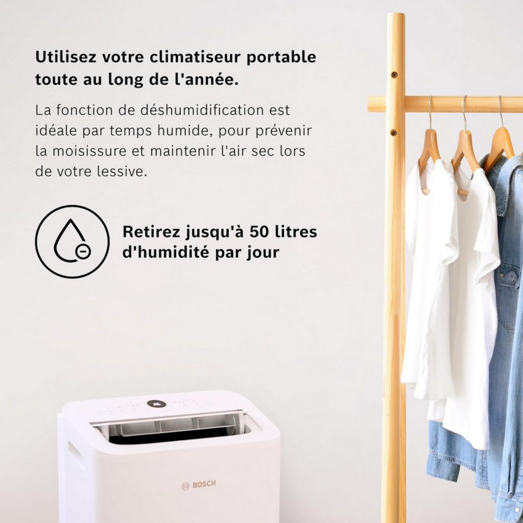Climatiseur portable Bosch Cool 2000 - 3 en 1 : climatiseur, déshumidificateur, ventilateur - 2,6 kW PAC pour pièces jusqu'à 35 m² - Avec modes automatique, silencieux et veille