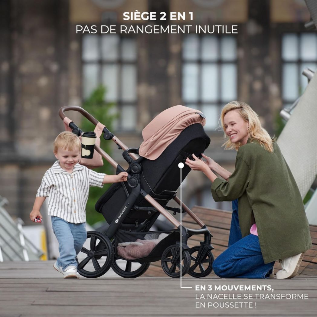 Poussette 3-en-1 Kinderkraft MOOV2, système de voyage de la naissance à 27 kg, siège auto Mink PRO I-Size inclus, pare-soleil extensible avec filtre UPF50+, accessoires pratiques, gris