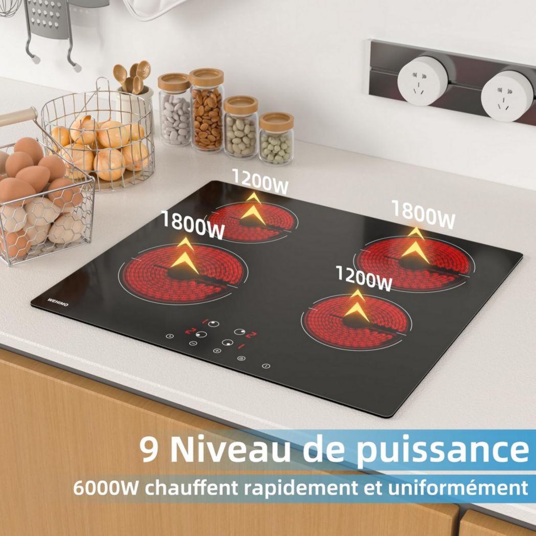 Plaque de cuisson vitrocéramique encastrable 4 feux, WEHIMO 6000W - 59cm - Minuterie, 9 niveaux de puissance, commande tactile, sécurité enfant...
