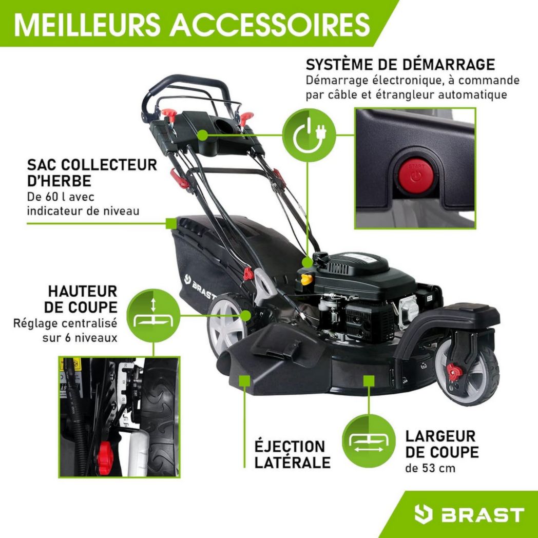 Tondeuse thermique 3 roues BRAST TRIKE E-START 224cc 53cm autotractée démarrage électrique mulching 4en1 capot tôle acier 60l - moteur 4 temps de la marque française GT réglable