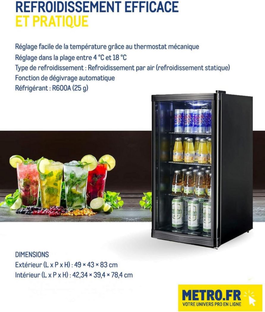 Réfrigérateur à boissons professionnel METRO GPC1088, métal/verre, 43 x 49 x 83 cm, 88 L, réfrigération statique, noir