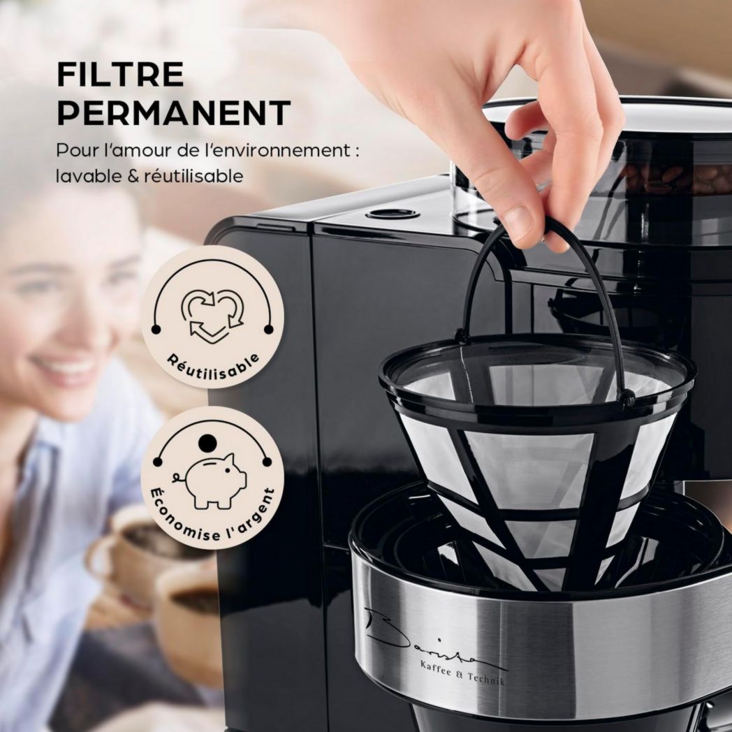 Cafetière filtre Barista avec verseuse isotherme de 1 L pour 12 tasses de café, machine à café à grains avec moulin et affichage numérique, fonction minuterie