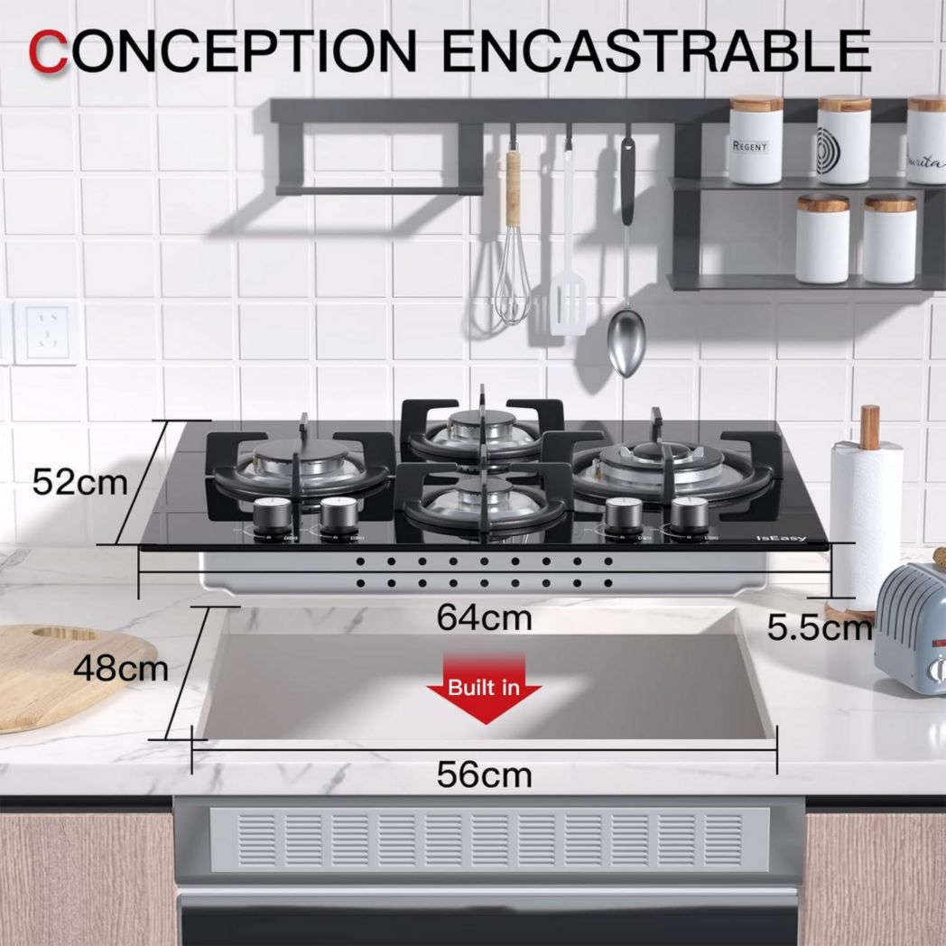 Plaque de cuisson à gaz 4 feux, plaque de cuisson 60 cm - Cuisinière encastrable - Gaz de ville et gaz en bouteille (4 feux - Verre)