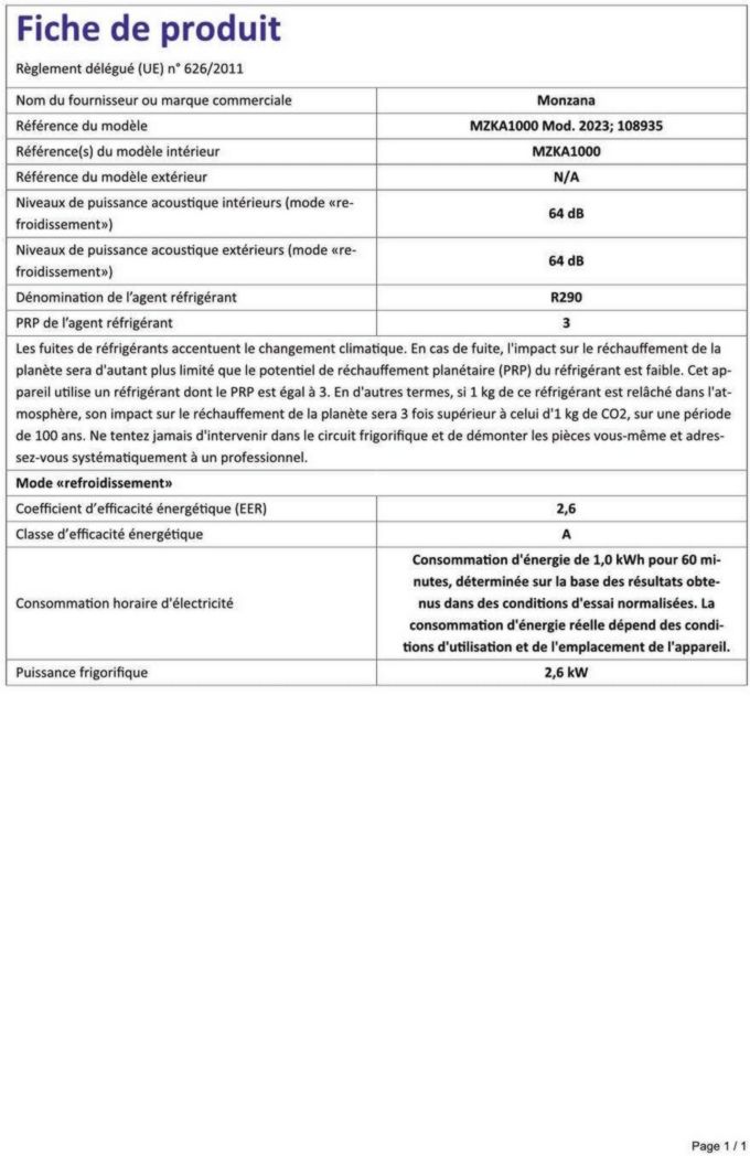 Climatiseur portable 4 en 1 Monzana® MZKA1000, refroidisseur d'air, 9 000 BTU/h, déshumidificateur, ventilateur, application Wi-Fi Alexa