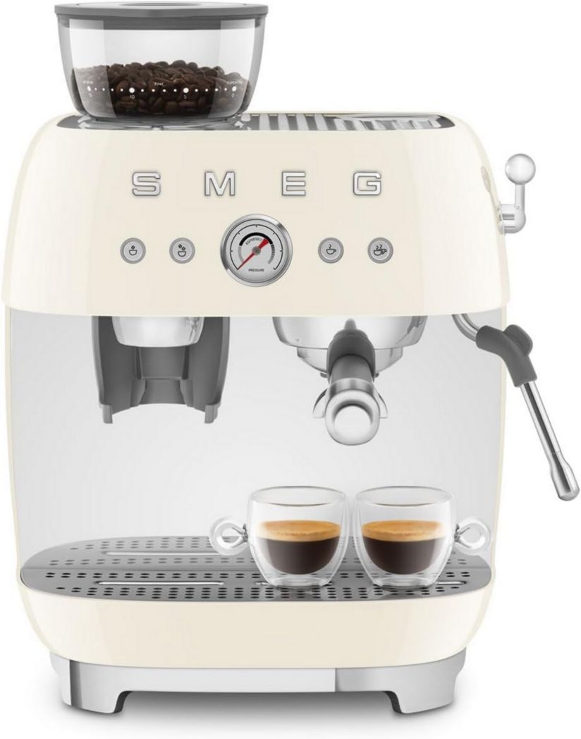 Machine à expresso manuelle Smeg EGF03CREU, avec moulin à grains intégré, thermoblock, 4 niveaux de température, buse vapeur et manomètre, réservoir 1 L, dimensions compactes, 1350 W, couleur crème