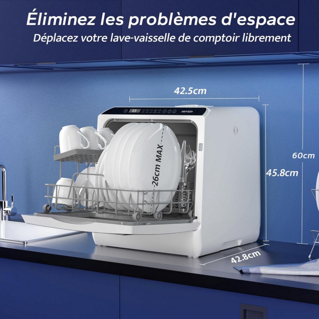 Mini lave-vaisselle de comptoir AIRMSEN, 5+1 programmes, réservoir d'eau de 5 L, commandes tactiles et écran LED, convient aux cuisines familiales, appartements et dortoirs, blanc et noir