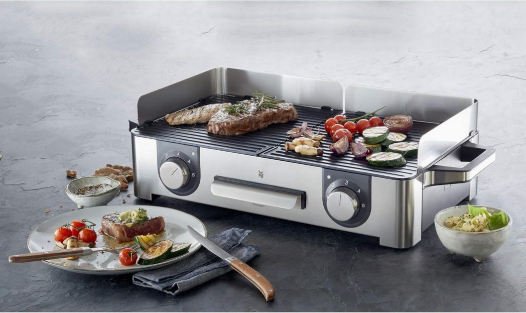 WMF Master-Grill électrique, 2400W, Grande surface 28x50cm, Revêtement antiadhésif, Plaques amovibles lavables au lave-vaisselle, Acier inoxydable Cromargan 18/10, Lono 0415280011