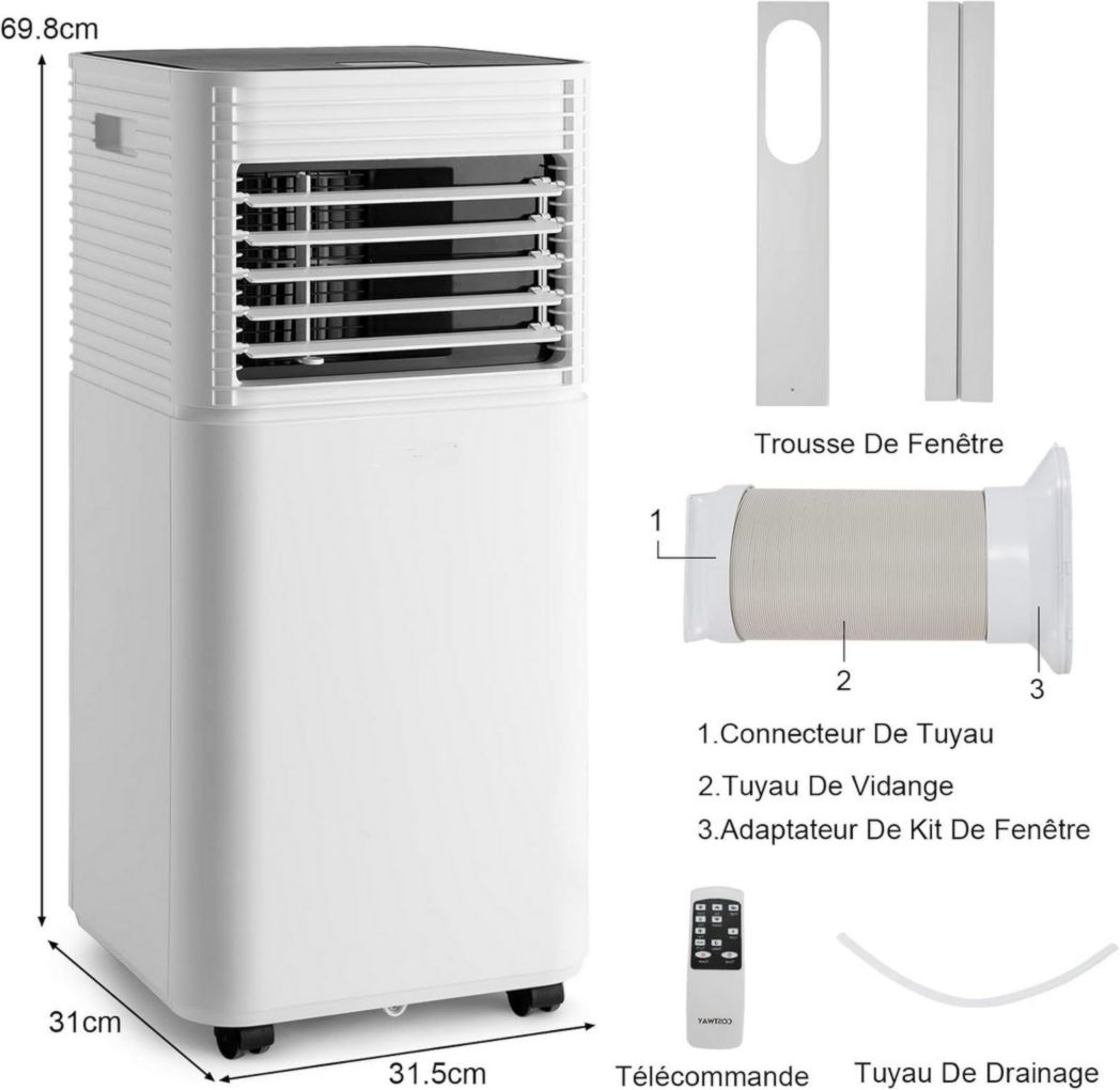 Climatiseur portable GOPLUS 9000 BTU 2,6 kW, 4 en 1, refroidissement, déshumidification, ventilateur, mode nuit, minuterie 24 h, télécommande/écran, 20 ㎡, noir, R290
