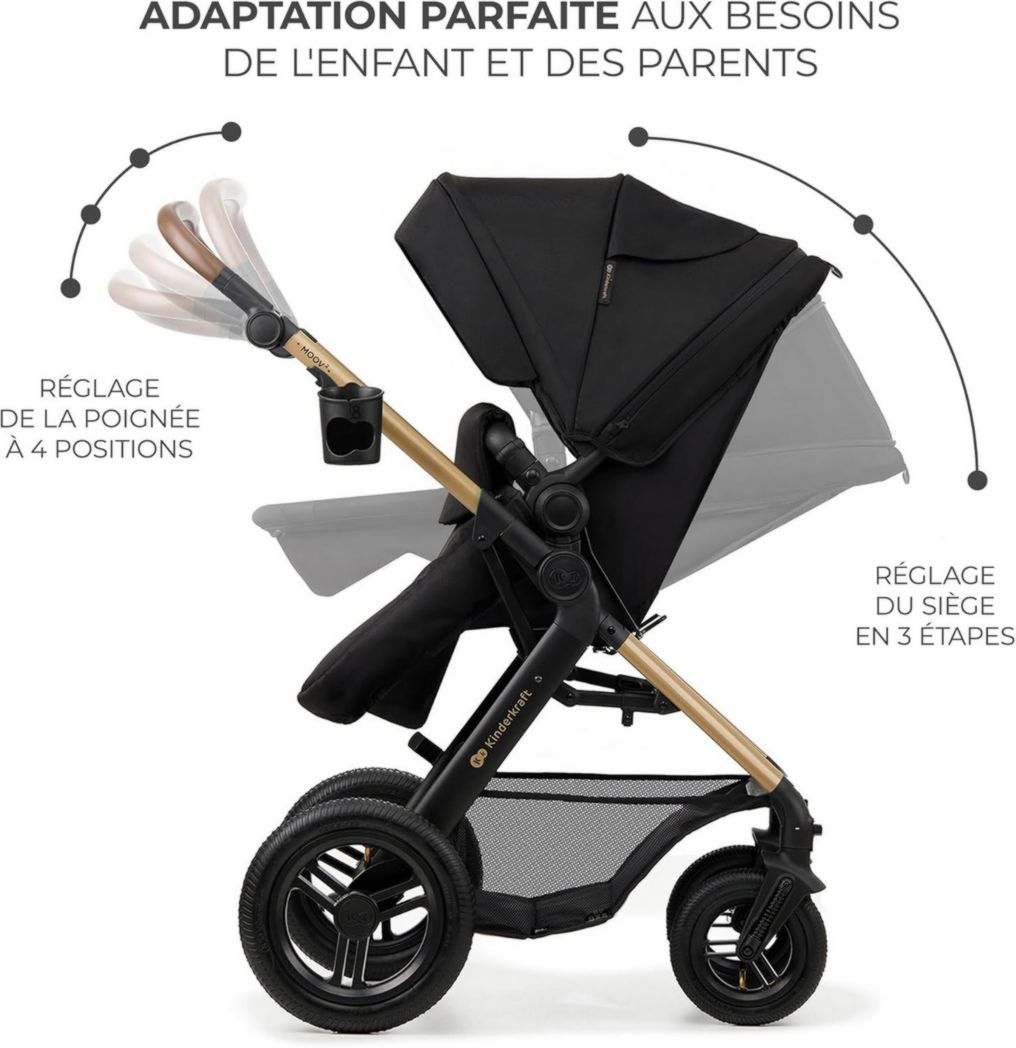 Poussette 3-en-1 Kinderkraft MOOV2, système de voyage de la naissance à 27 kg, siège auto Mink PRO I-Size inclus, pare-soleil extensible avec filtre UPF50+, accessoires pratiques, gris