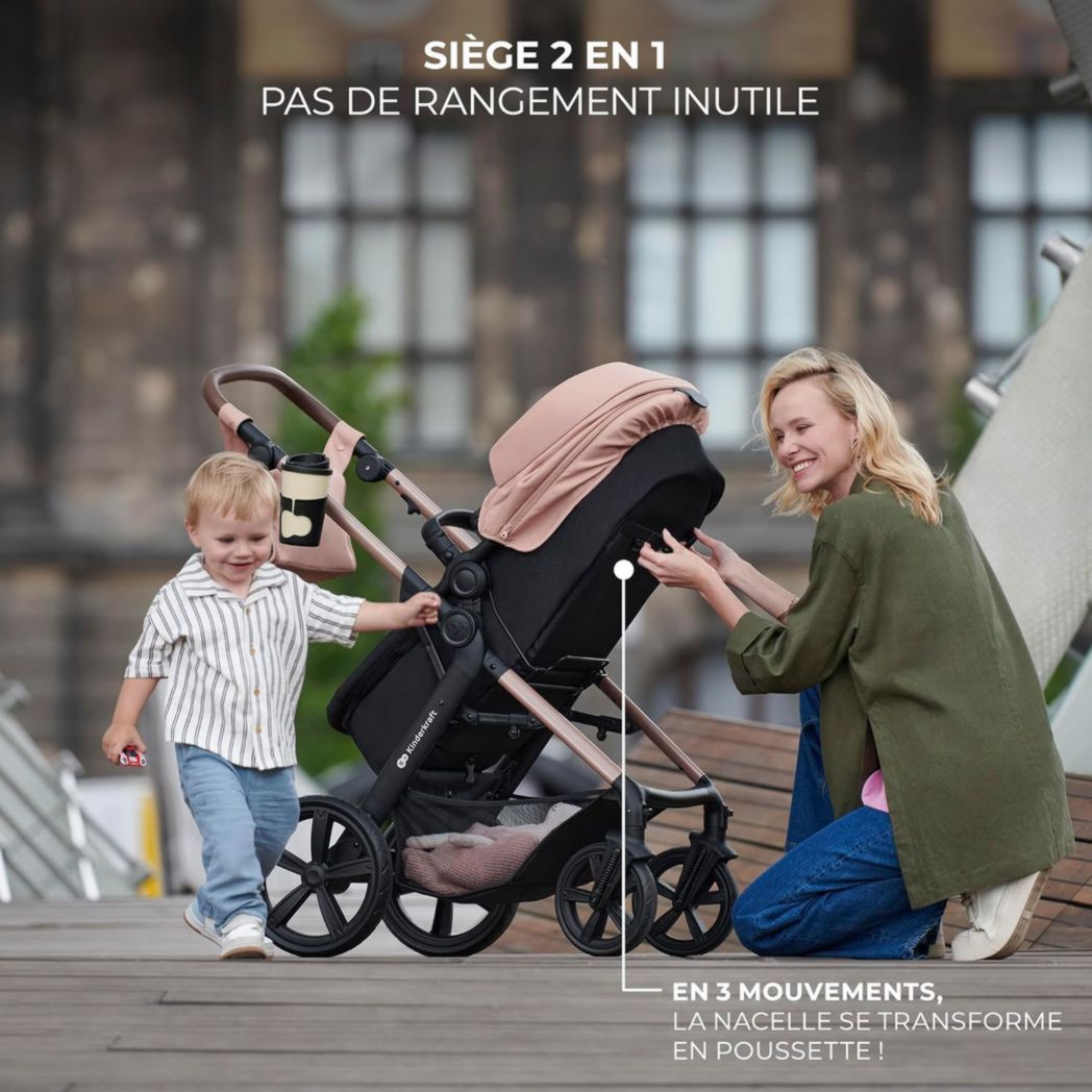 Poussette 3-en-1 Kinderkraft MOOV2, système de voyage de la naissance à 27 kg, siège auto Mink PRO I-Size inclus, pare-soleil extensible avec filtre UPF50+, accessoires pratiques, gris
