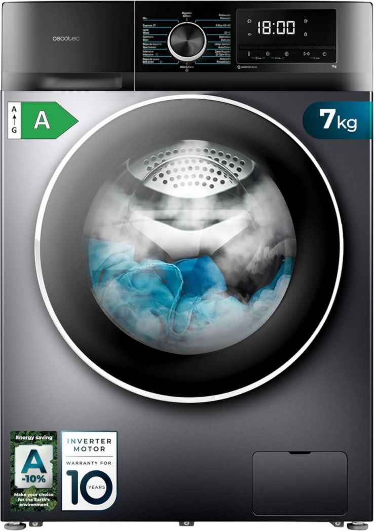 Cecotec Bolero Dresscode 10500 Inverter Steel A. Lave-linge 10 kg Acier, 1400 tr/min, moteur Inverter Plus, Vapeur, Classe A.