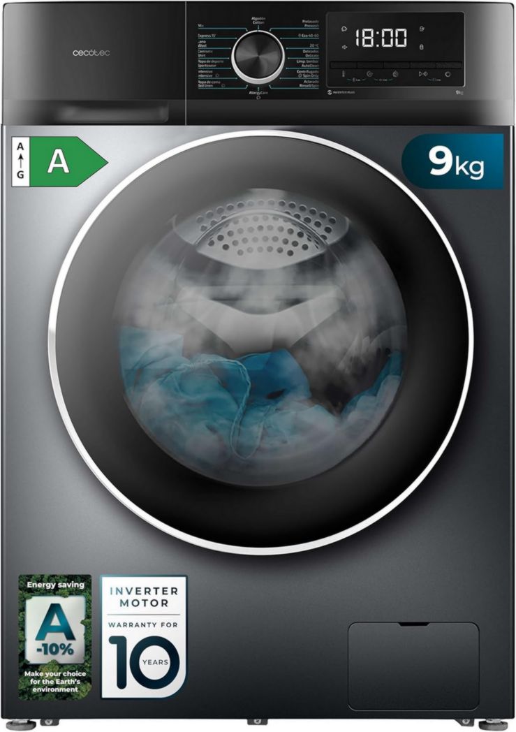 Cecotec Bolero Dresscode 10500 Inverter Steel A. Lave-linge 10 kg Acier, 1400 tr/min, moteur Inverter Plus, Vapeur, Classe A.