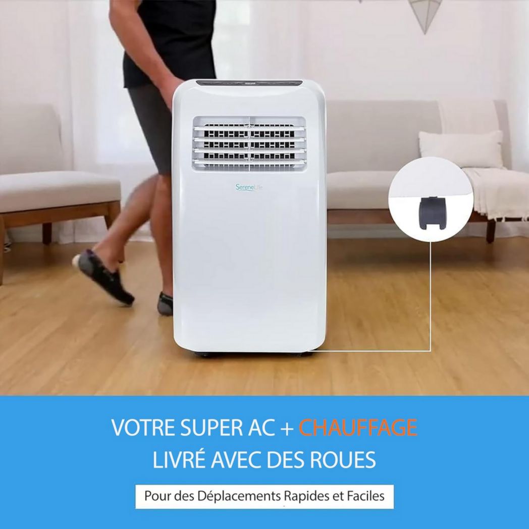 Climatiseur portatif silencieux SereneLife, 9 000 BTU, 3 en 1, avec déshumidificateur intégré, mode ventilateur, télécommande, kit d'extraction complet pour fenêtre, blanc