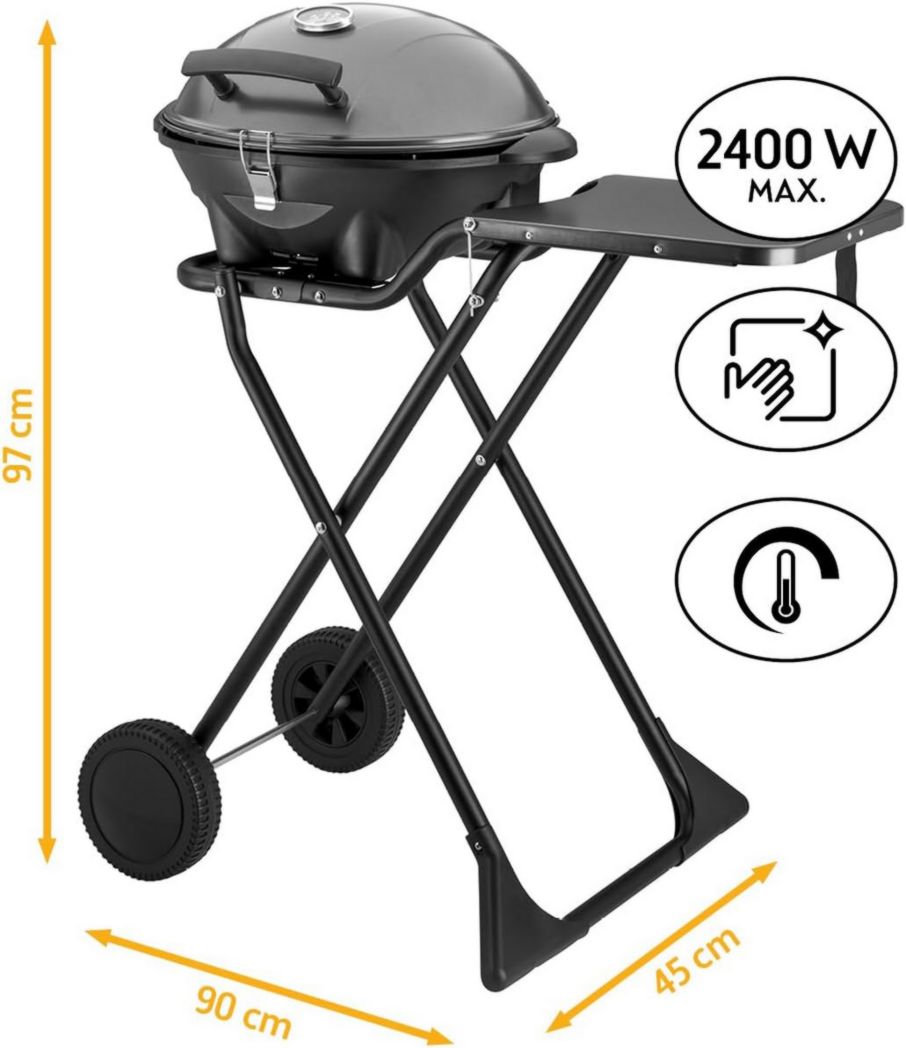 Barbecue électrique TZS 2 en 1 et barbecue de table - Extrêmement stable et pliable pour balcon - Barbecue sur pied amovible de 2 400 watts avec couvercle, base et roulettes - Contrôleur de température inclus