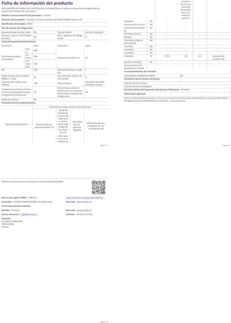 Congélateur vertical en acier inoxydable Cecotec Bolero CoolMarket TF 87 87 litres. Congélateur vertical en acier inoxydable de 83,6 cm de haut et 50,6 cm de large avec une grande capacité et une classe énergétique E.