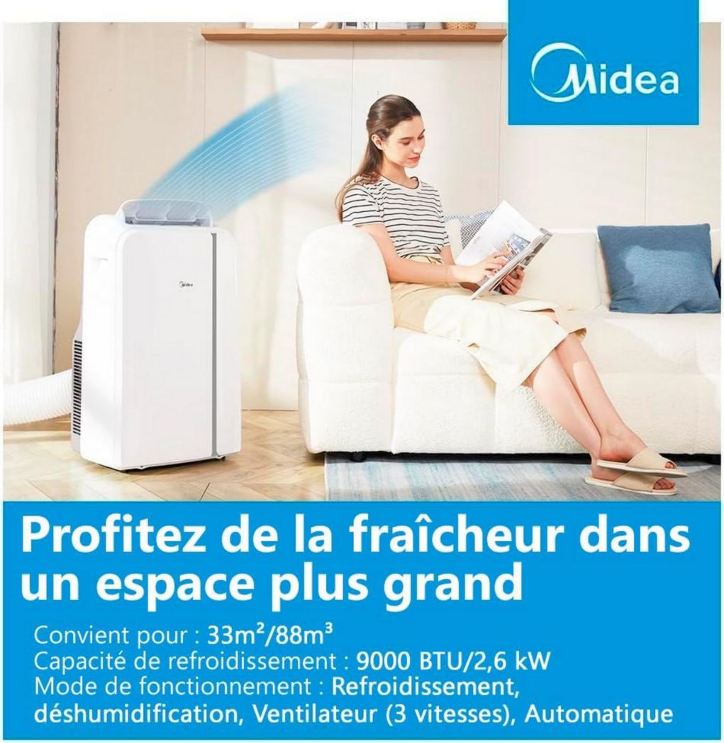 Climatiseur portable 4-en-1 silencieux MIDEA PortaSplit | 12 000 BTU | 3,5 kW, chauffage et climatiseur portables prêts à installer - Climatiseur portable avec refroidisseur, déshumidificateur, chauffage et ventilateur