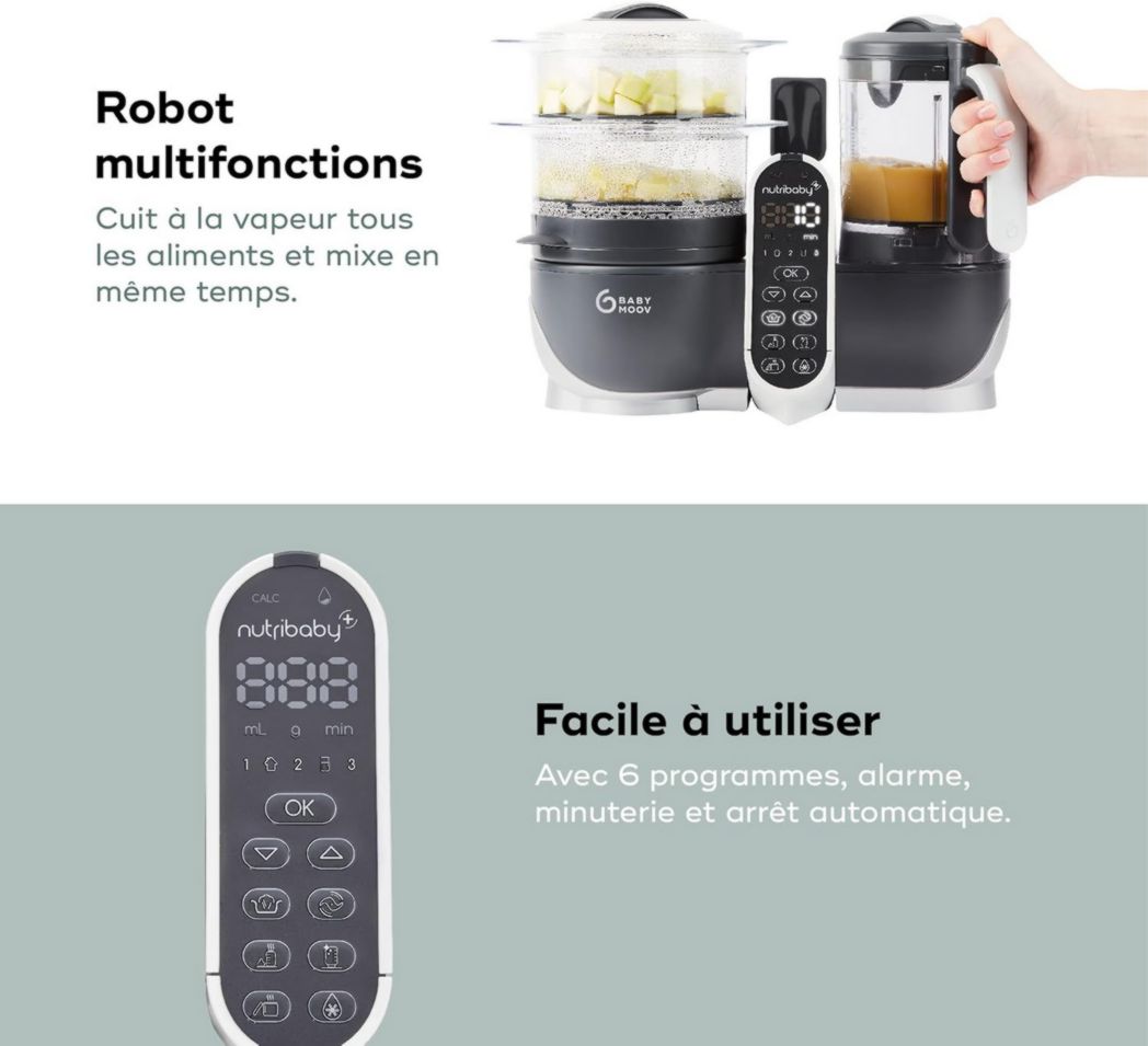 Babymoov Nutribaby(+), Robot cuiseur multifonction 6 en 1 pour bébé, cuiseur vapeur, grande capacité 2,2 L, petits pots maison, idéal pour diversifier les repas, vert opale