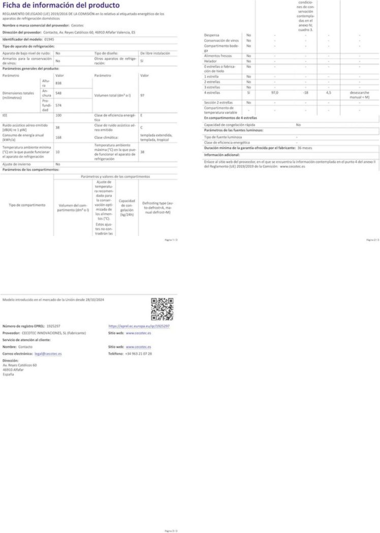 Congélateur vertical en acier inoxydable Cecotec Bolero CoolMarket TF 87 87 litres. Congélateur vertical en acier inoxydable de 83,6 cm de haut et 50,6 cm de large avec une grande capacité et une classe énergétique E.