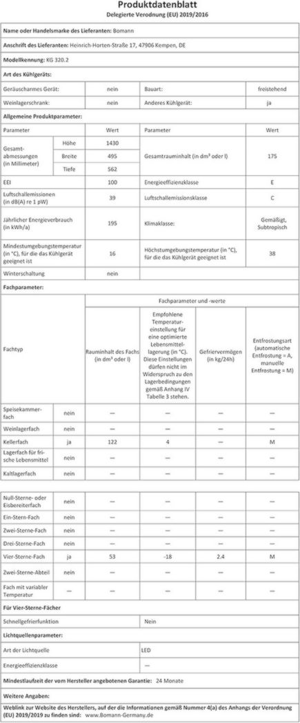 Réfrigérateur et congélateur Bomann KG320, 175 L, contrôle de température continu, charnières de porte à droite, interchangeables, pieds réglables, noir