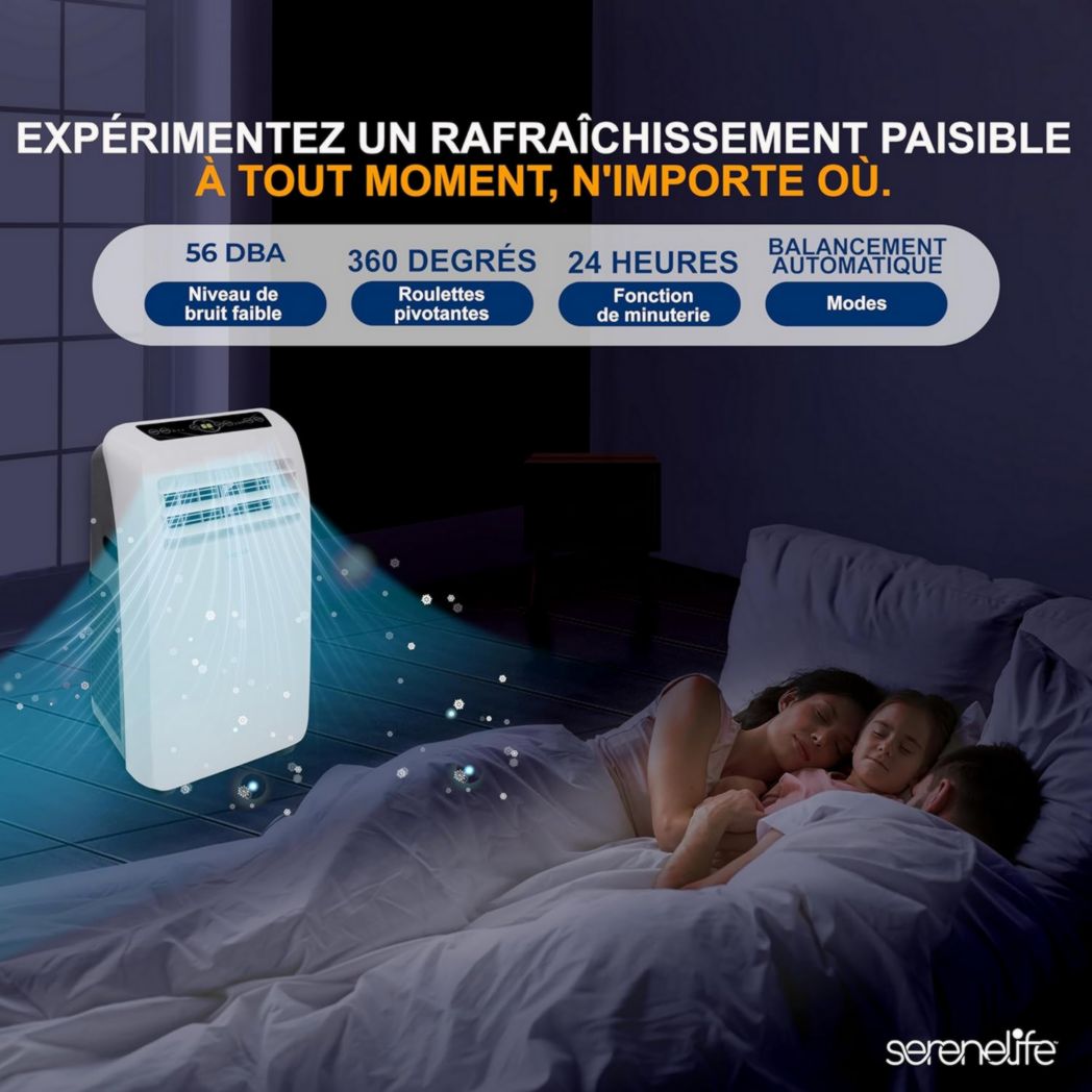 Climatiseur portatif silencieux SereneLife, 9 000 BTU, 3 en 1, avec déshumidificateur intégré, mode ventilateur, télécommande, kit d'extraction complet pour fenêtre, blanc