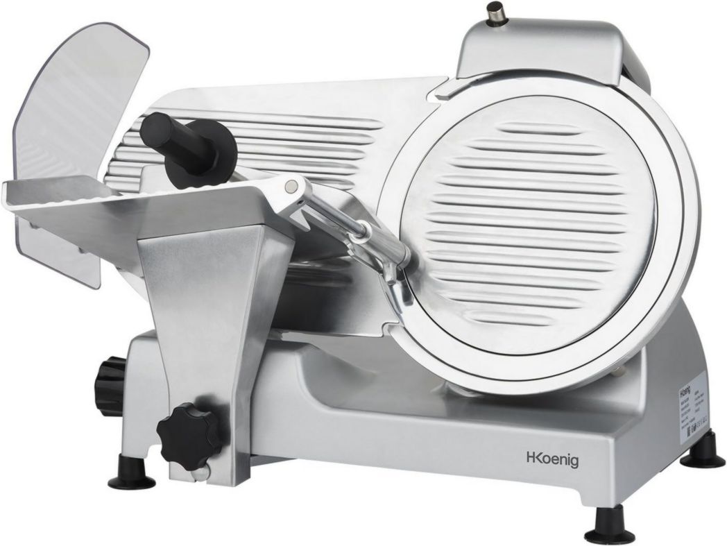 Trancheuse à viande électrique H.Koenig MSX254, Charcuterie, Professionnelle, Précise, Coupe 0-12 mm, Lame 25 cm, Aiguiseur intégré, Grand plateau, 282 tr/min, Rouge