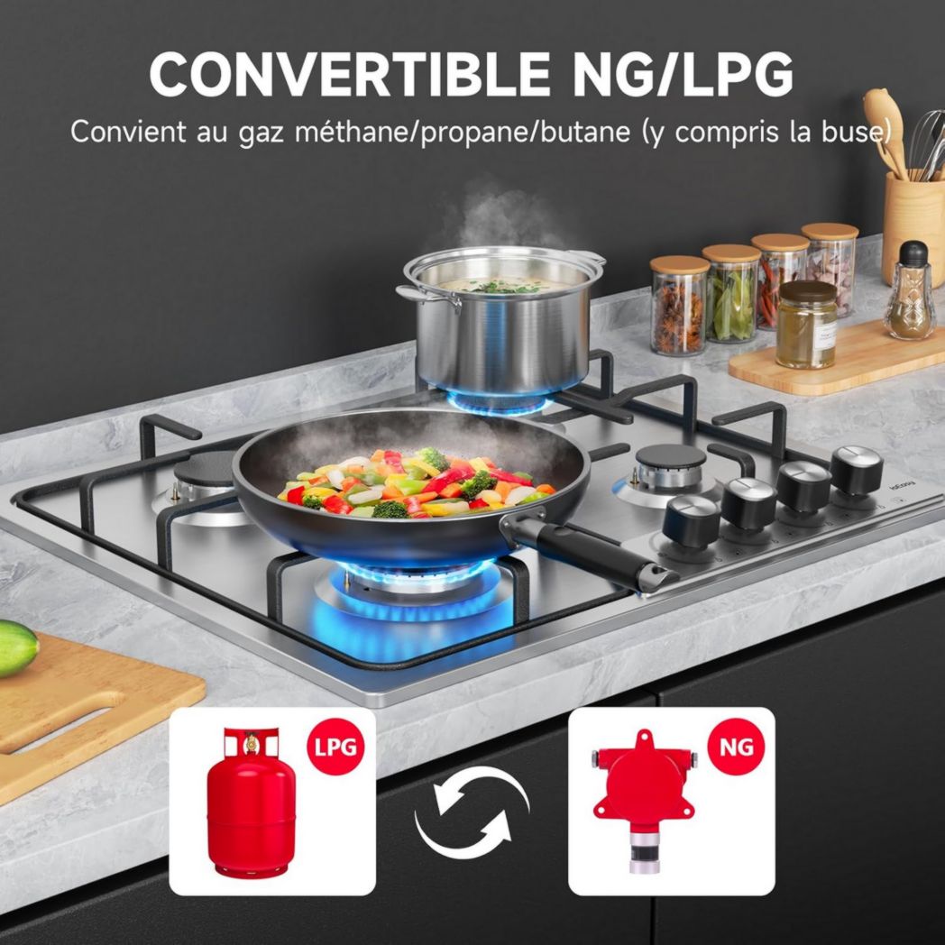 Plaque de cuisson à gaz 4 feux, plaque de cuisson 60 cm - Cuisinière encastrable - Gaz de ville et gaz en bouteille (4 feux - Verre)