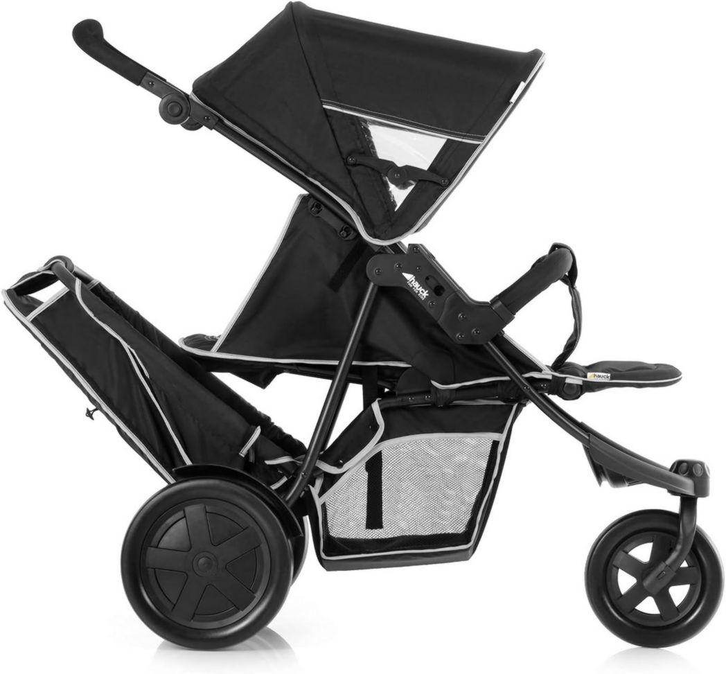 Poussette double Hauck Freerider à 3 roues - Tandem 2 enfants - Hauteur réglable, pliable, habillage pluie inclus, siège bas amovible - Noir