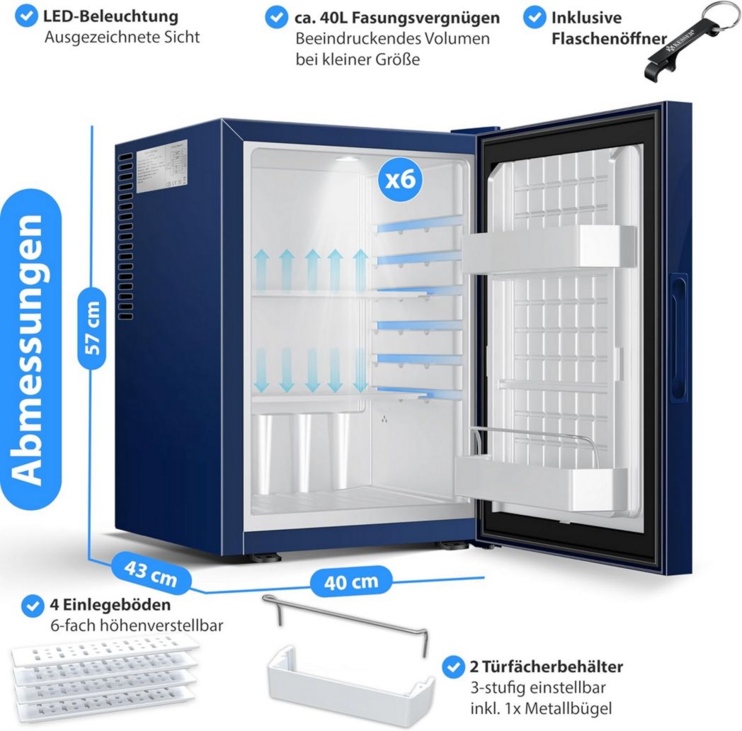 Mini-réfrigérateur KESSER® avec serrure, mini-bar 40 l, silencieux, 22 dB, verrouillable, chambre, butée de porte amovible, environ 4 à 16 °C, hauteur 57 cm, éclairage intérieur