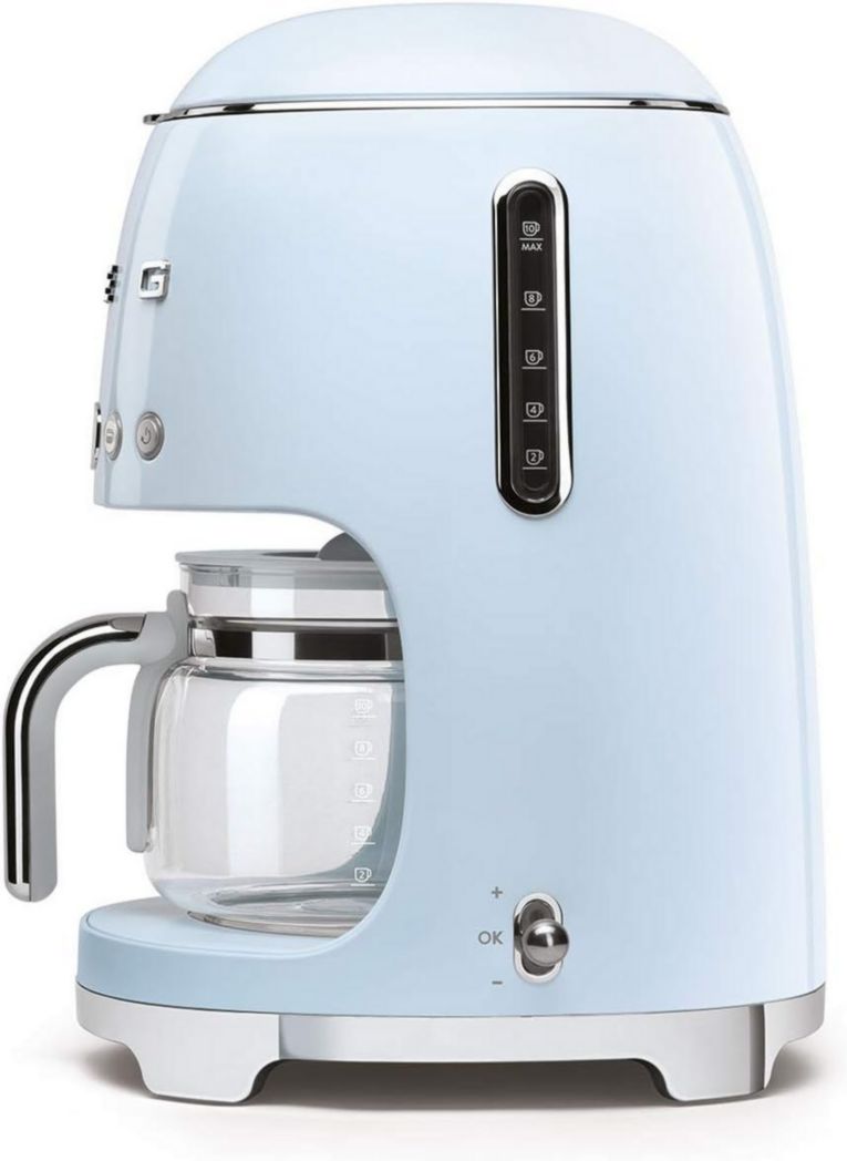 Smeg, DCF02PBEU, cafetière filtre, arôme et démarrage automatique, verseuse en verre jusqu'à 12 tasses, 2 niveaux d'intensité, maintien au chaud, 1050 W, bleu clair pastel