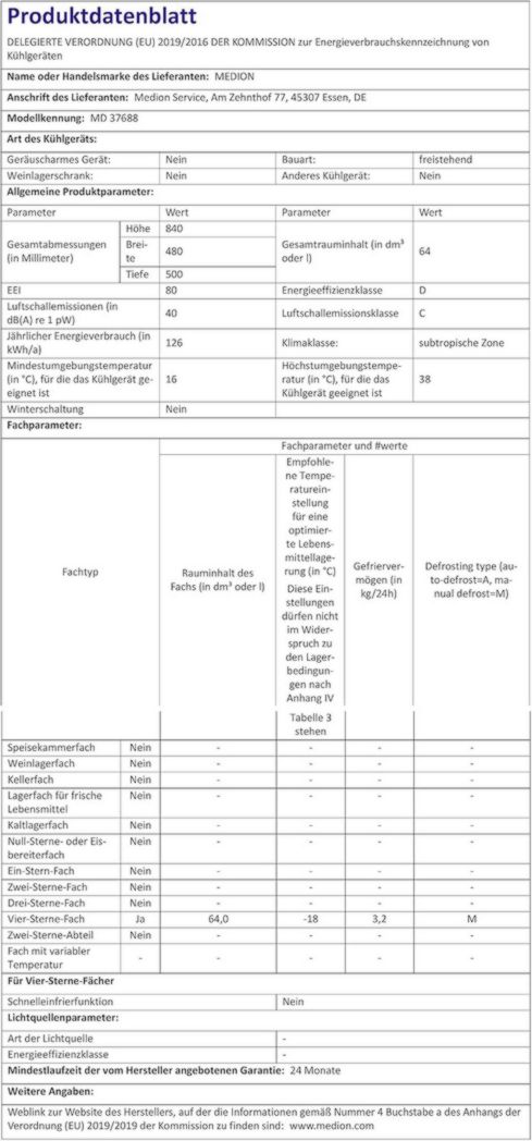 Congélateur MEDION (64 litres, hauteur 85 cm, 3 tiroirs transparents, charnière de porte réversible, MD37688)