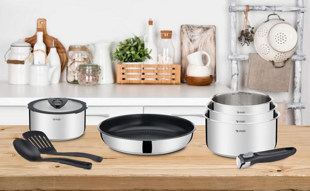 Batterie de cuisine Seb Compact Inox 10 pièces, Induction, poêles 22/24/26 cm, casseroles 16/18/20 cm, sauteuse 24 cm, couvercles 18/20 cm, 1 poignée L953SA04, Noir, argent, ‎35,4 x 35,29 x 26,8 cm