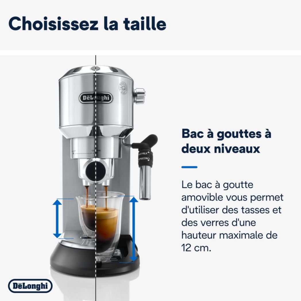 De'Longhi Dedica Style EC685.M, Machine à expresso avec buse à mousse de lait professionnelle, seulement 15 cm de large, réservoir de 1 L, boîtier en métal, compatible avec les dosettes ESE, métal