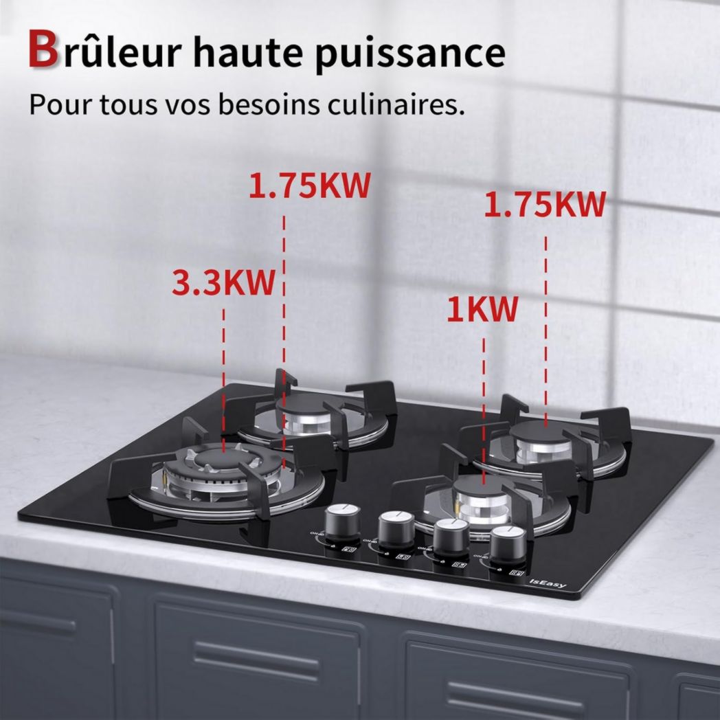 Plaque de cuisson à gaz 4 feux, plaque de cuisson 60 cm - Cuisinière encastrable - Gaz de ville et gaz en bouteille (4 feux - Verre)