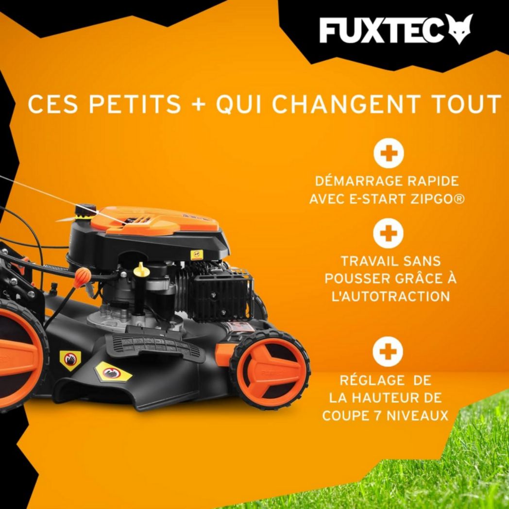 Tondeuse thermique autotractée FUXTEC FX-RM5170eS, démarrage électrique, 4 po 1, 170 cm³, 4 CV | 4 temps | Largeur 51 cm, hauteur de coupe 7 positions, bac de ramassage 60 L, fonction mulching, éjection latérale