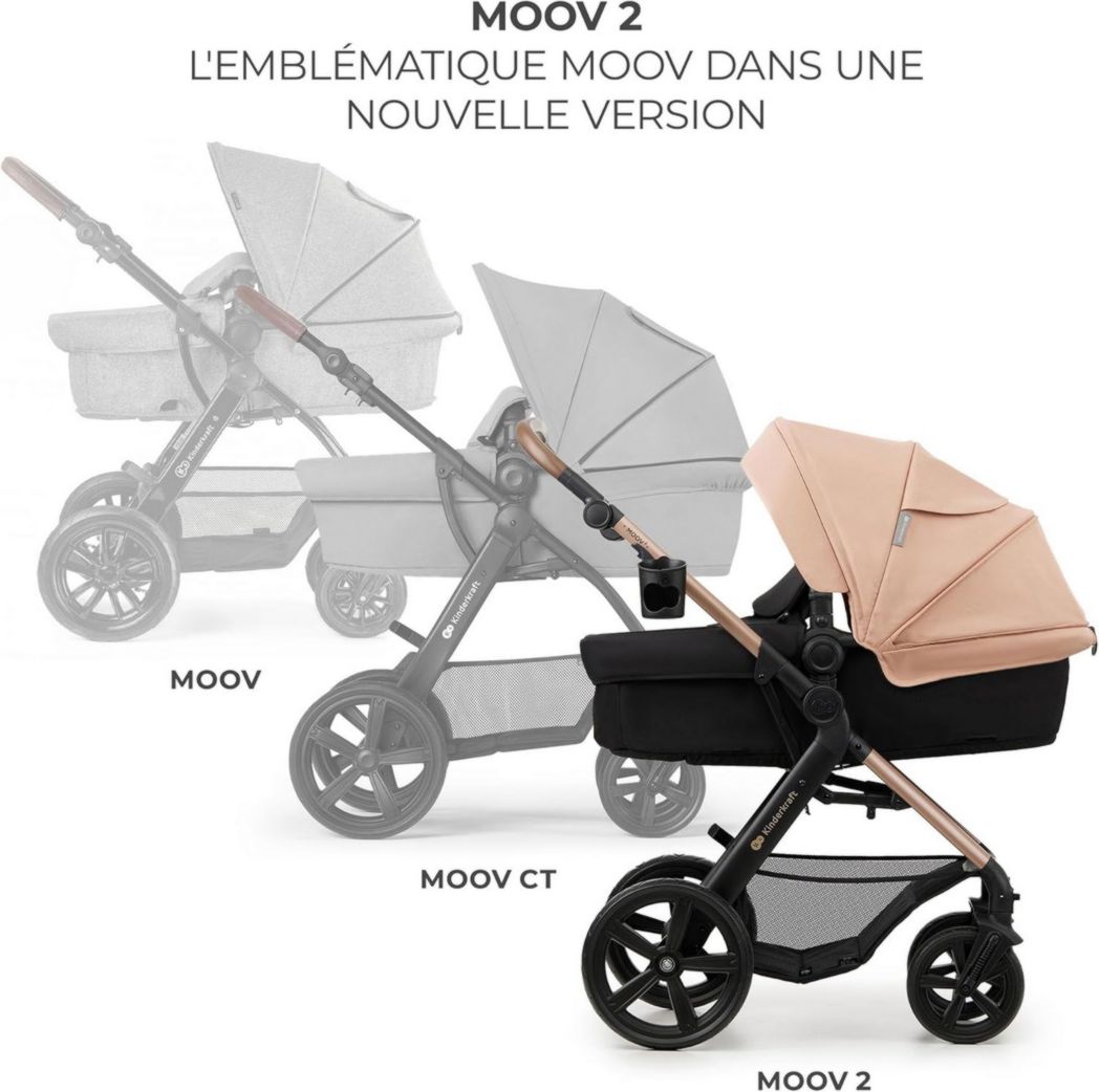 Poussette 3-en-1 Kinderkraft MOOV2, système de voyage de la naissance à 27 kg, siège auto Mink PRO I-Size inclus, pare-soleil extensible avec filtre UPF50+, accessoires pratiques, gris