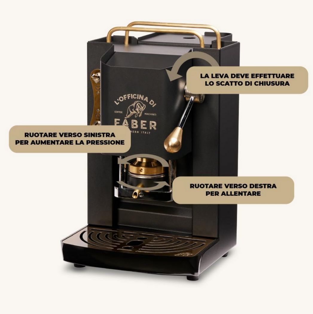 Machines à café Faber | Modèle Pro Total Inox Deluxe | Machine à café à dosettes 44 mm | Pressostat réglable en laiton | Électrovanne standard (laiton)