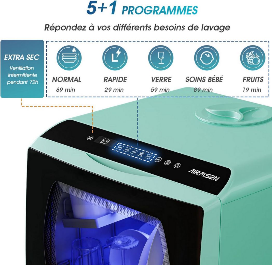 Mini lave-vaisselle de comptoir AIRMSEN, 5+1 programmes, réservoir d'eau de 5 L, commandes tactiles et écran LED, convient aux cuisines familiales, appartements et dortoirs, blanc et noir