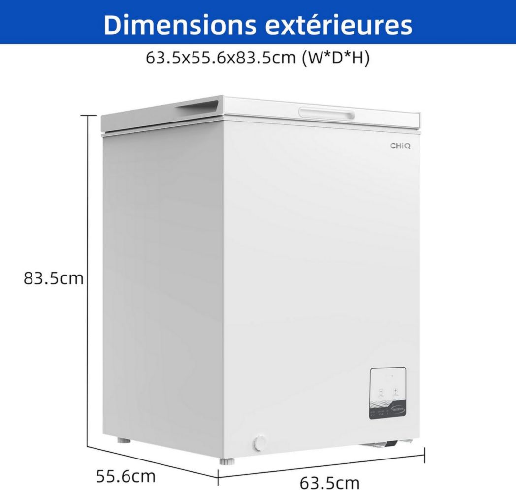 Congélateur coffre CHIQ 142 L, 63,5 x 55,6 x 83,5 cm, congélateur Inverter, affichage de la température extérieure, congélation rapide -32 °C, grille métallique, faible niveau sonore